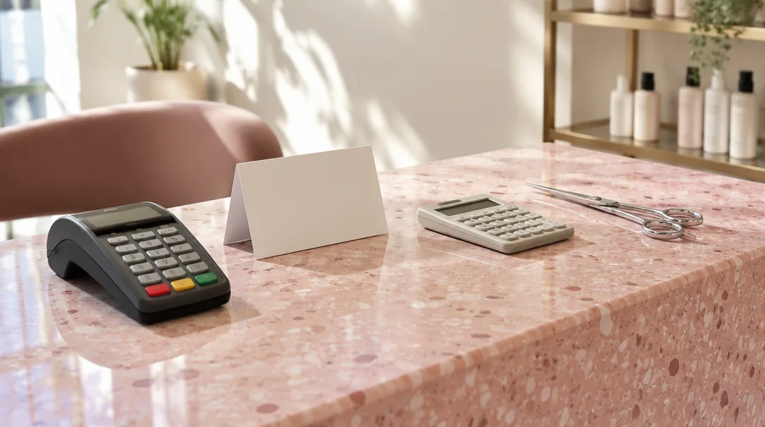Receptionsdisk i rosa terrazzo med kortterminal, en uppslagen prislista utan text, en miniräknare och en silversax i morgonljus