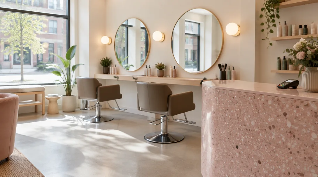 Nyöppnad salong med två tomma frisörstolar, speglar och en receptionsdisk i rosa terrazzo i morgonljus