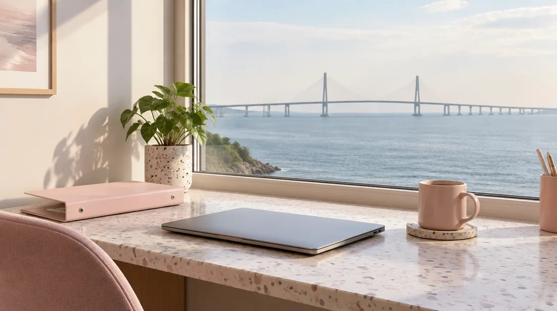 Ljust kontor med utsikt mot havet och Öresundsbron, ett skrivbord med bärbar dator, en pärm och en kopp kaffe