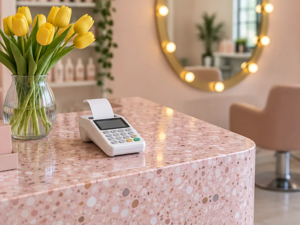 Kortterminal på salongens rosa kassadisk med gula tulpaner